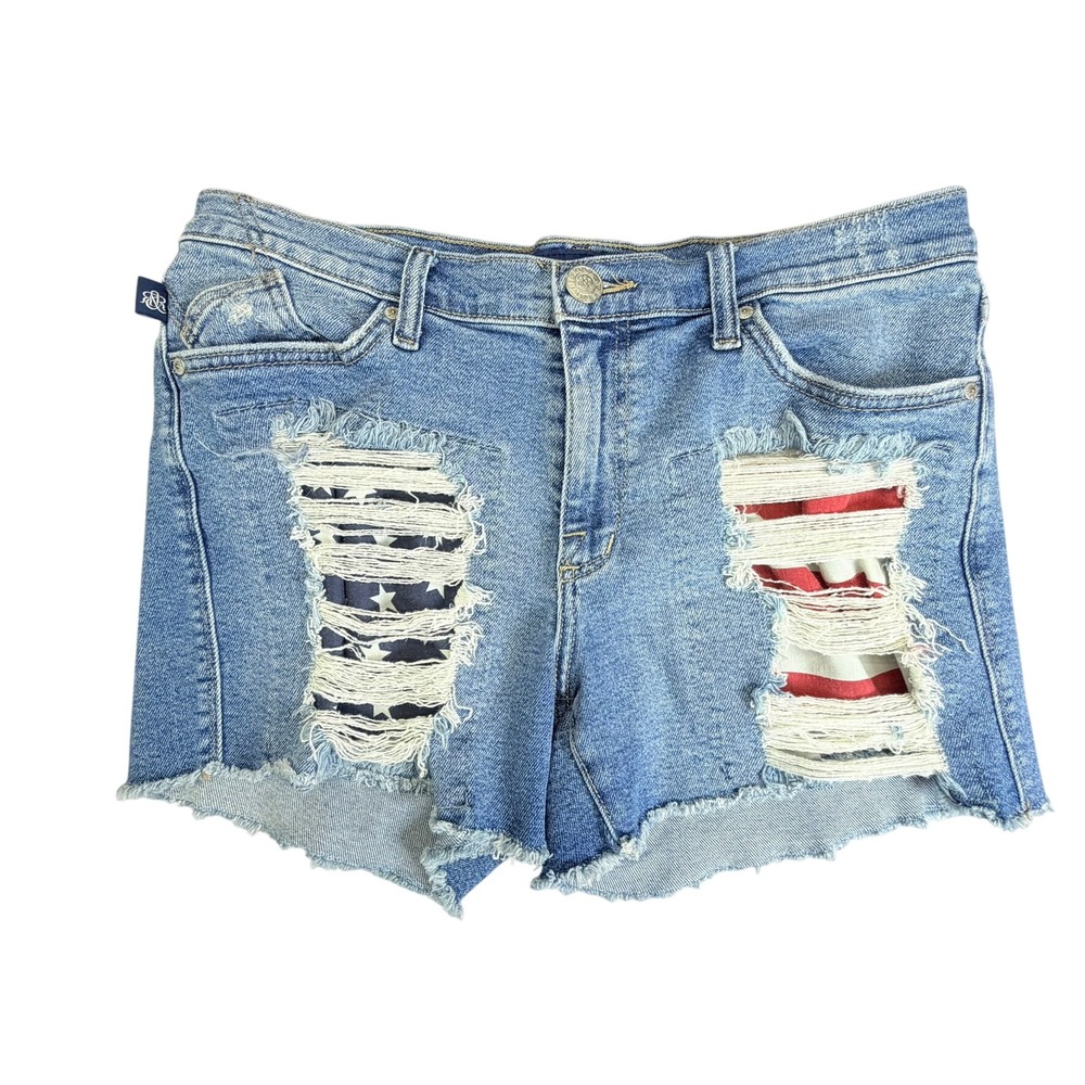 Rock & Republic Denim Shorts Women 32 Blue Distressed American Flag Cutoffs